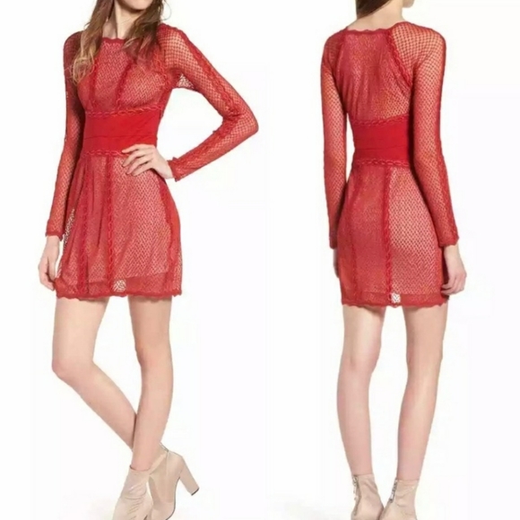 NWT Free People Lace Mixed Mesh Bodycon Dress Red - Picture 1 of 12